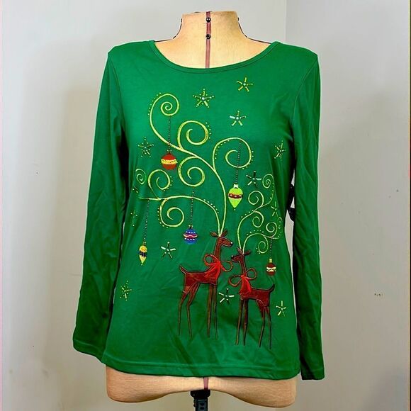 NWT Kim Rogers Embellished Reindeer Long Sleeve Top - Size Small - Picture 1 of 12